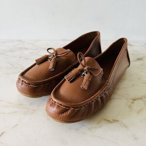 COACH Minna Solid Brown COH Leather Moccasin Driver Loafer Tassels Bows - US 8